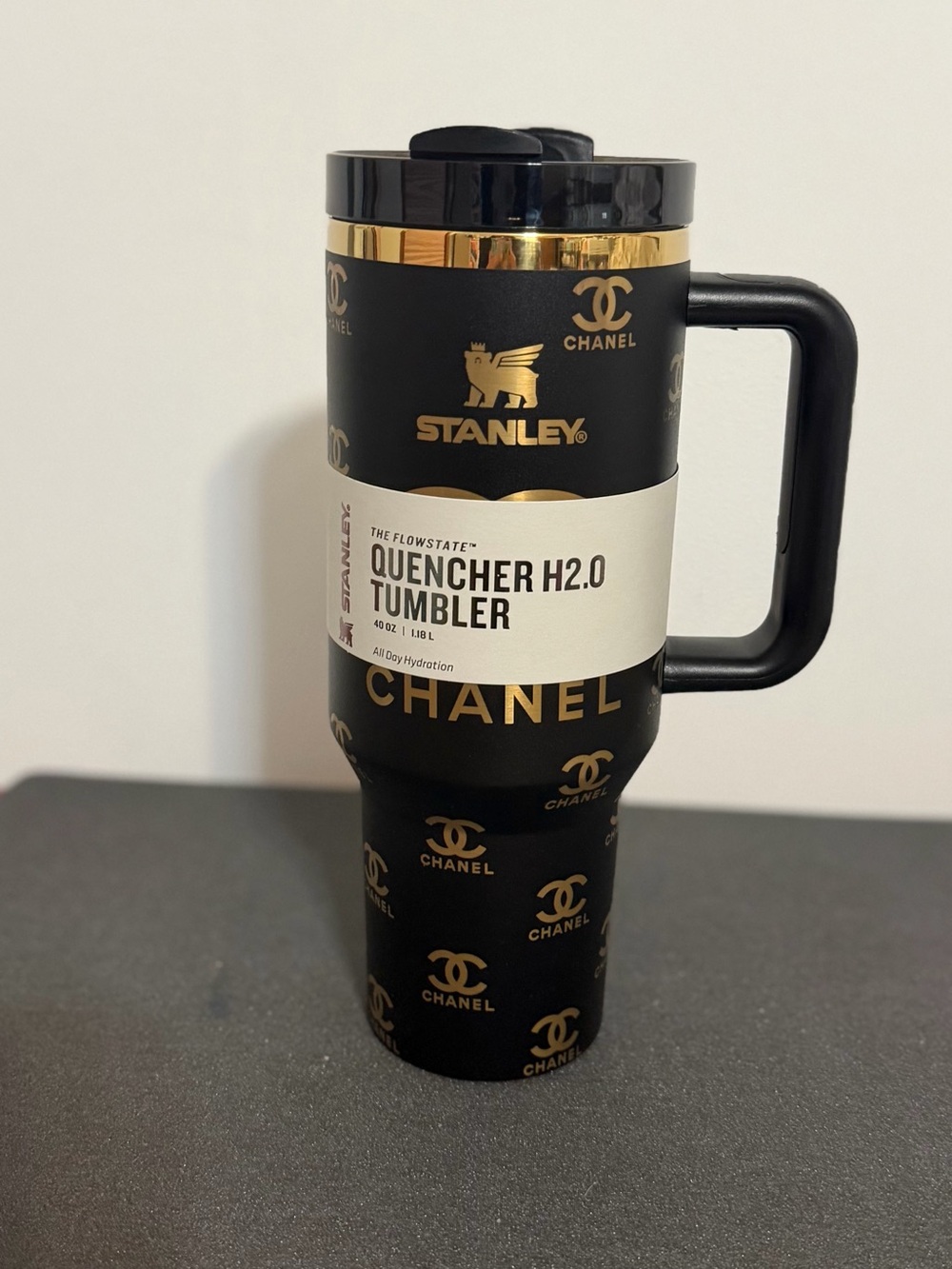 Stanley Black and Gold Logo Travel Tumbler